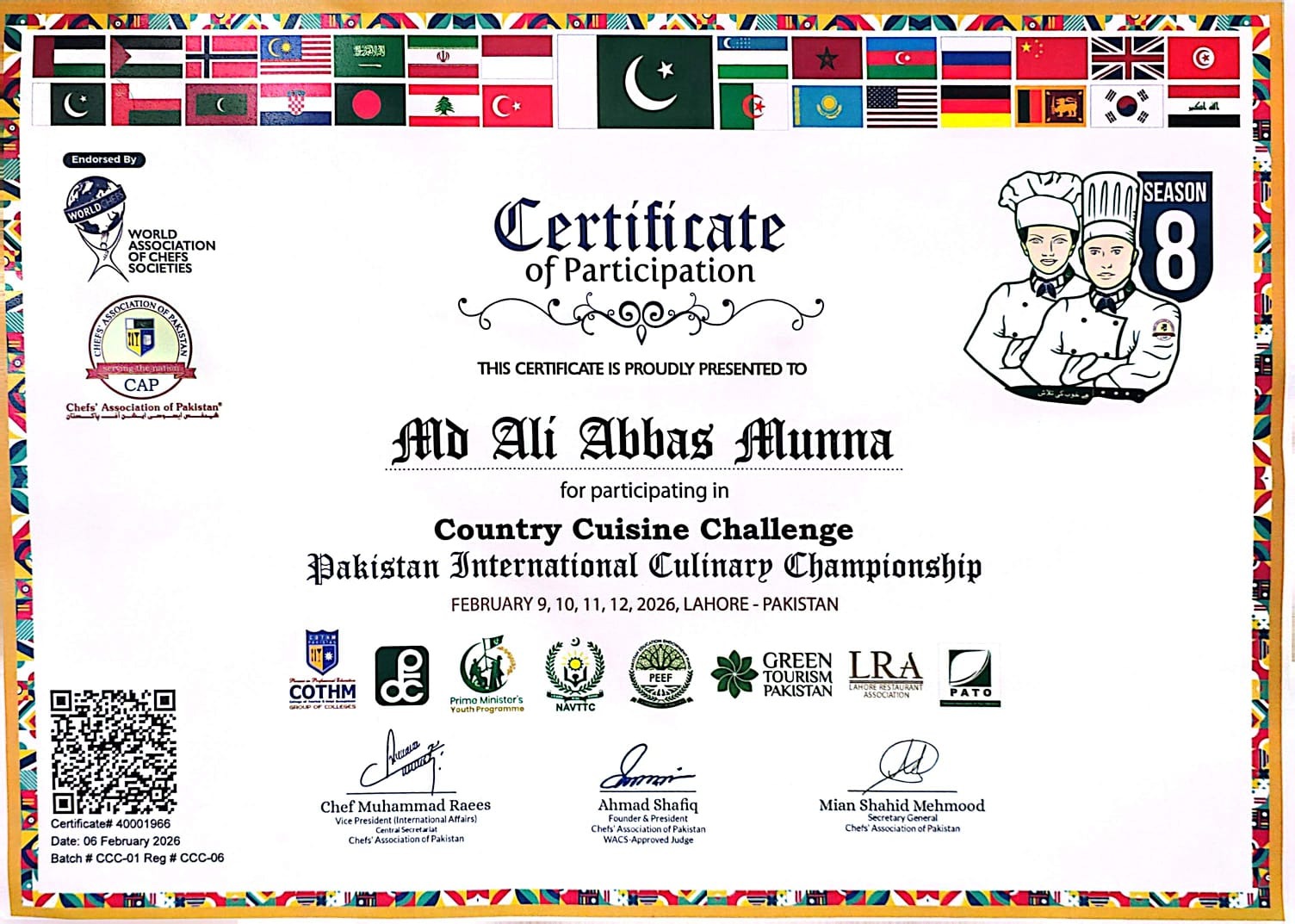 Country Cuisine Challenge participation certificate for Md Ali Abbas Munna