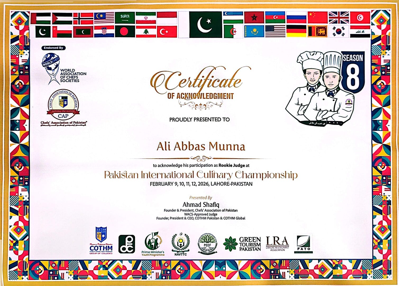 Rookie Judge certificate of acknowledgement for Ali Abbas Munna