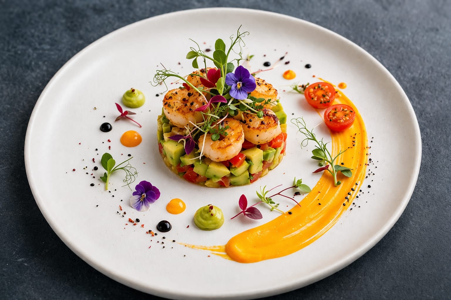Seared scallops plated over avocado salsa with mango coulis and edible flowers