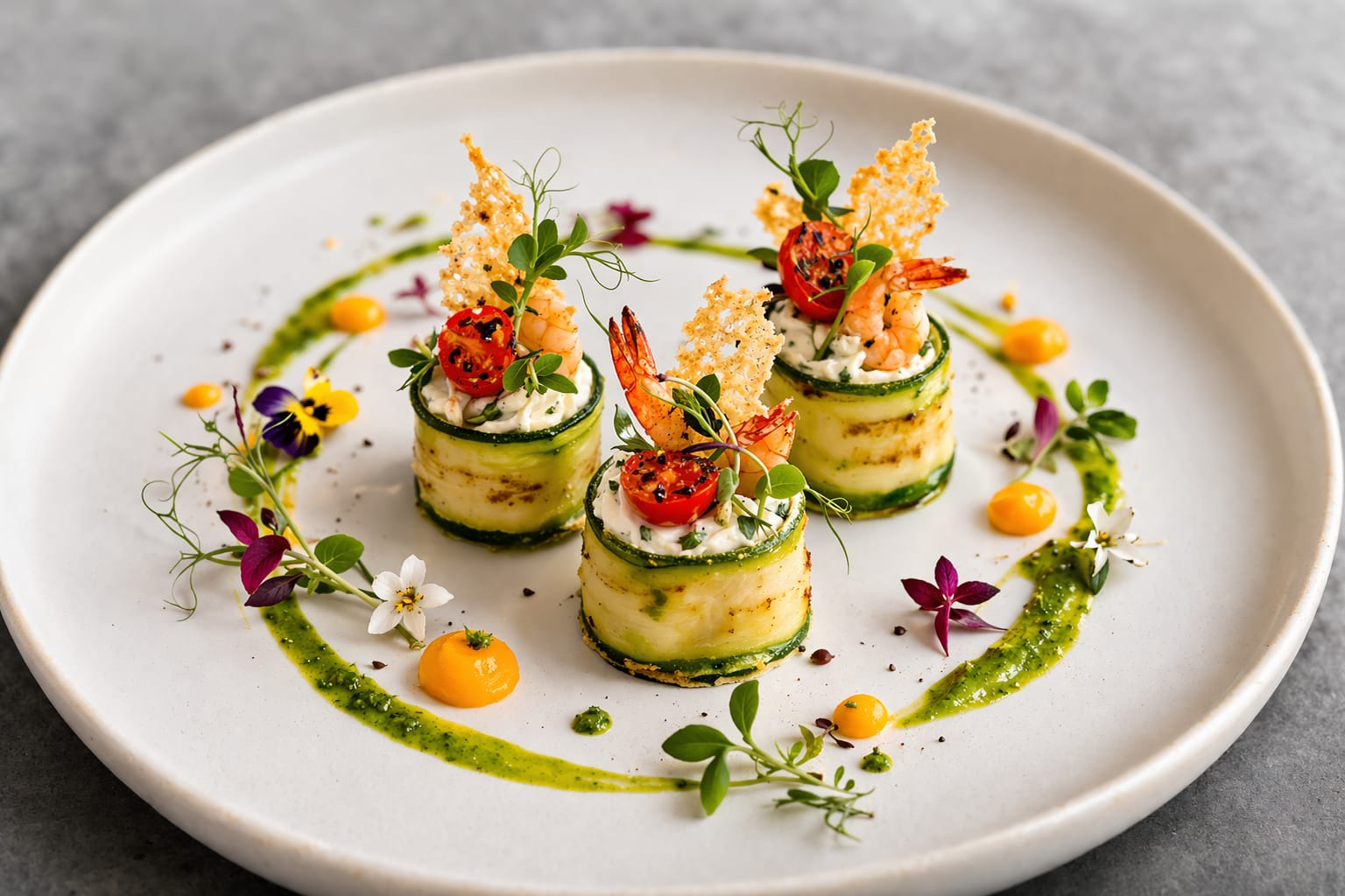 Zucchini roulades filled with herb cream, topped with grilled shrimp and Parmesan tuile